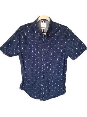 RICKY SINGH Men's Nautical Blue Short Sleeve Button Down Shirt Size Med